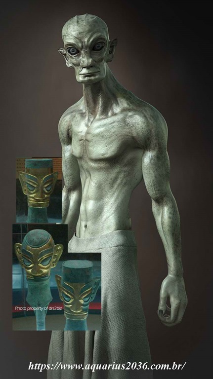 Extraterrestre Recriado com Base Mascaras Sanxingdui a árvore três montes das estrelas.